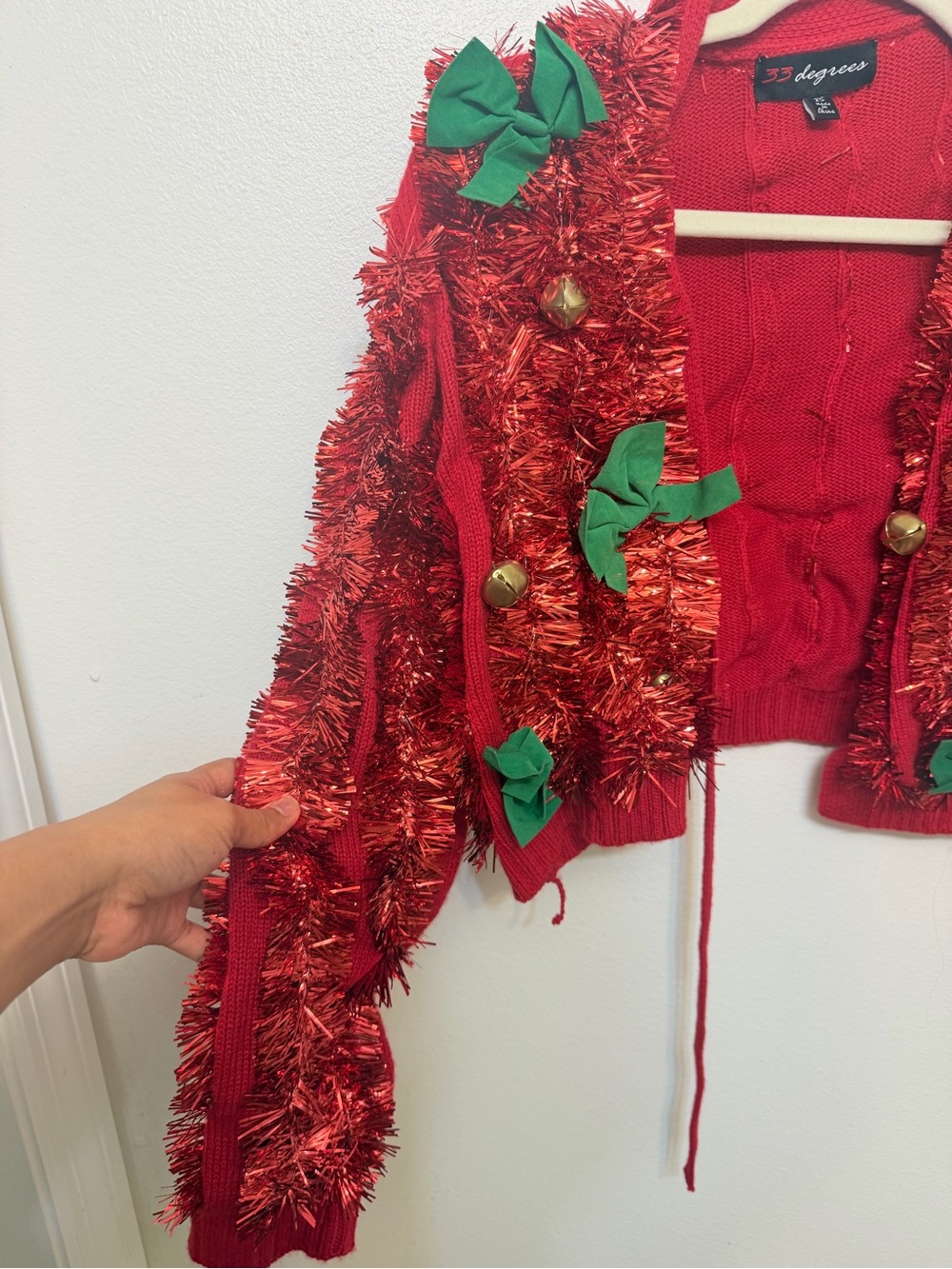 32 Degrees Red Tinsel Holiday Cardigan with Green Bow Accents